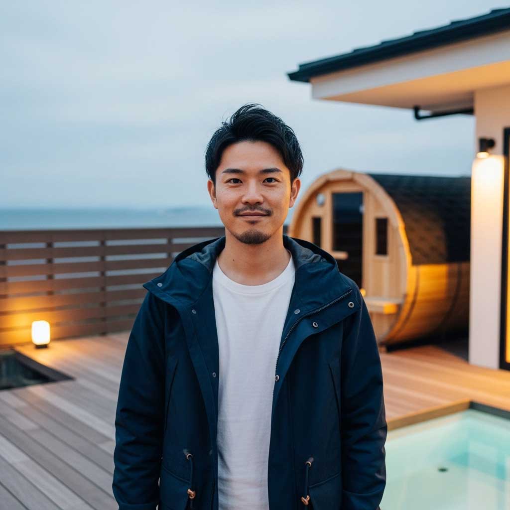 淡路島のヴィラ施設（アウトドアサウナとプールが見えるデッキ）前に立つ「田中 悠人」。宿泊ガイド・ヴィラ設備担当ライターのプロフィール写真です。