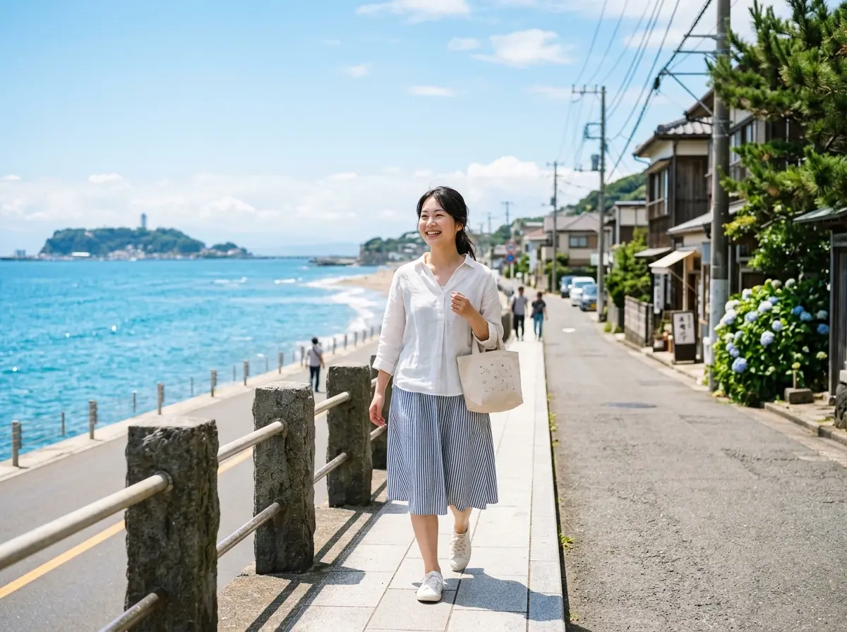 白いブラウスとストライプのスカートを着た女性が、海沿いの歩道を笑顔で歩いている。左手には青い海と防波堤、右手には住宅や紫陽花が並ぶ。