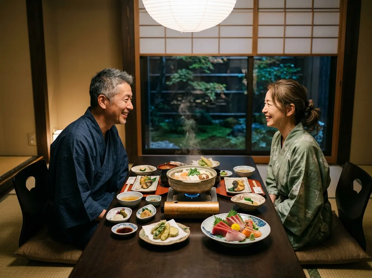 和室で向かい合って座る男女が、鍋料理や刺身など複数の料理が並ぶ夕食を前に笑顔で話している。二人とも浴衣を着用しており、窓の外には日本庭園が見える。